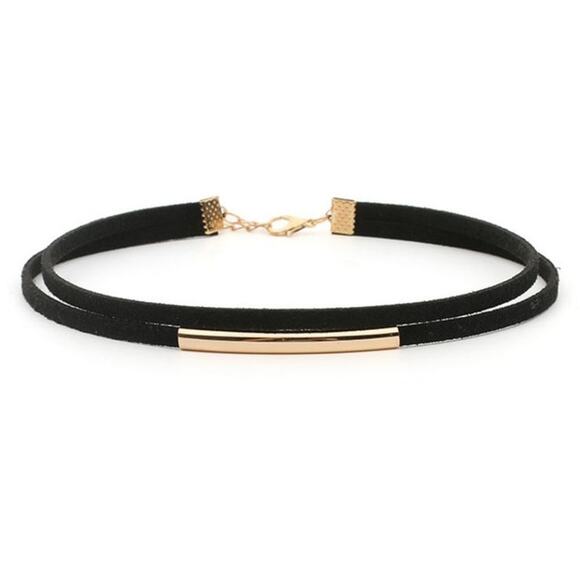 2/$30 Black Gold Choker Statement Necklace Metal Gold Tone Classic Vegan Leather - Picture 9 of 9